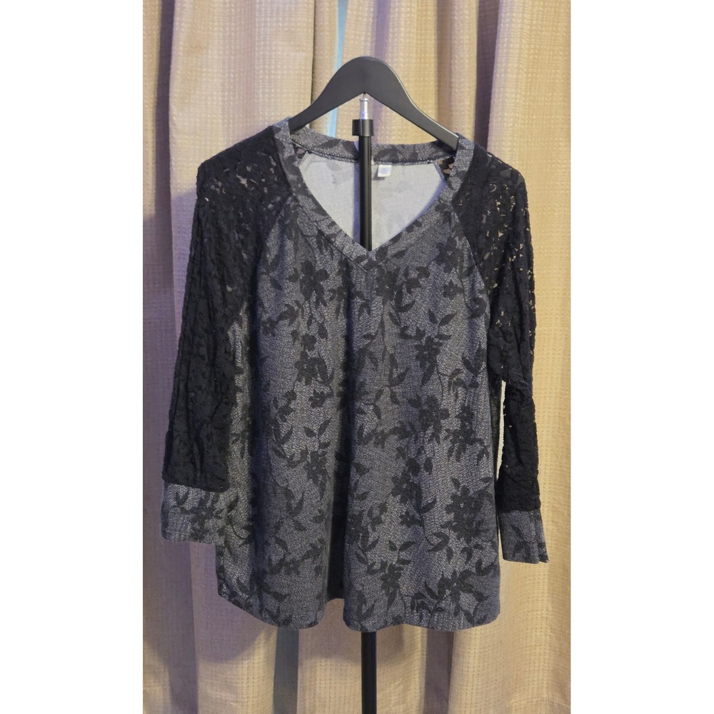 Cato Long Sleeve Lace Floral Print Blouse‎ Women's Size XL Black Gray
